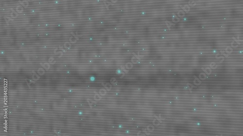 Camera pulling back, grey lined plane tilting and emitting cyan specks revealing black starfield