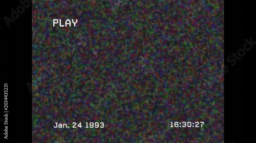 White PLAY label initiating playback, VHS static shifting, timecode advancing for archival record