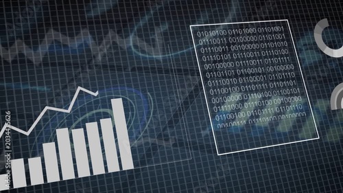 Data feed arriving, HUD shifting, pie or bar charts growing, binary panel filling, showing analysis