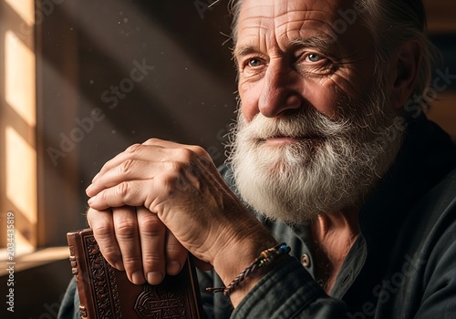 Thoughtful Elderly Man with White Beard Looking Out Window.