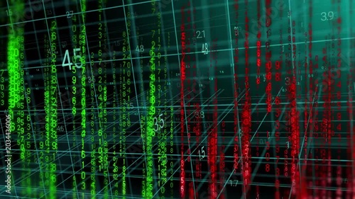 Teal wireframe numeric field growing green and red columns as camera moving, showing density shifts