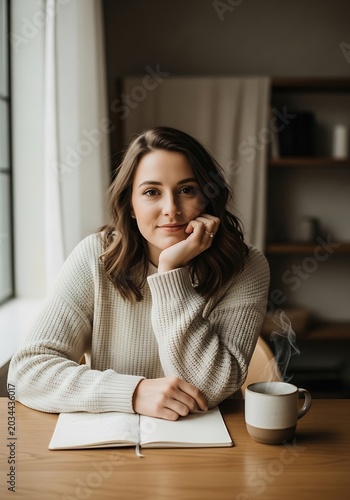 Thoughtful Woman Relaxing at Home with Coffee and Notebook.