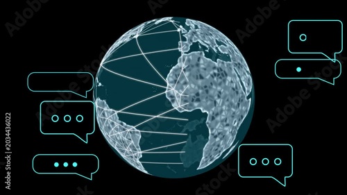 On load 3D globe rotating as nodes emerging and beams linking hubs, visualizing global chat bubbles