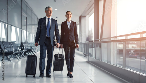 Business colleagues walking with luggage in airport terminal, travel and corporate journey concept