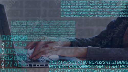 Office woman hovering over laptop typing and activating teal data overlay shifting for analytics