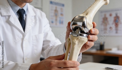 Orthopedist holding artificial knee joint model for patient consultation. Surgeon demonstrating prosthetic implant for arthrosis and arthritis treatment. Clinical bone replacement medical concept.