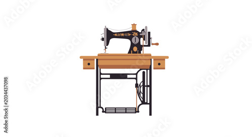 Vintage Sewing Machine on Wooden Table with Foot Pedal - Isolated