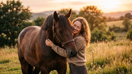 I Love Horses Beautiful Woman Hugging Majestic Horse at Sunset Ultra Realistic