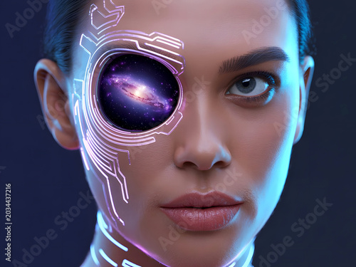 Futuristic cybernetic woman's face with galaxy in eye and glowing circuits artificial intelligence futuristic technology circuits