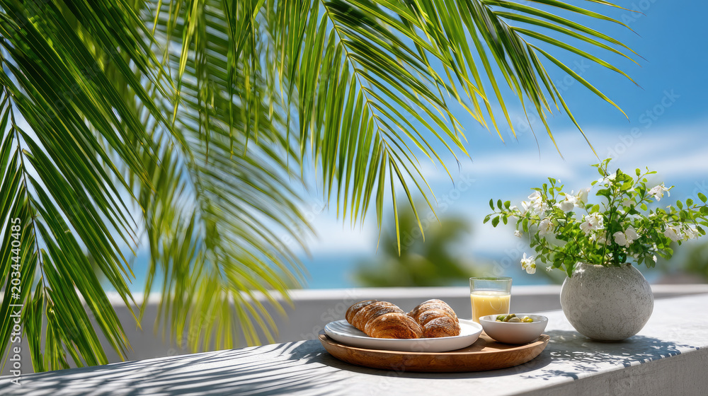Obraz premium Morning croissants and orange juice served on a hotel terrace balcony. Enjoying a peaceful breakfast with tropical palm leaves overhead and ocean views