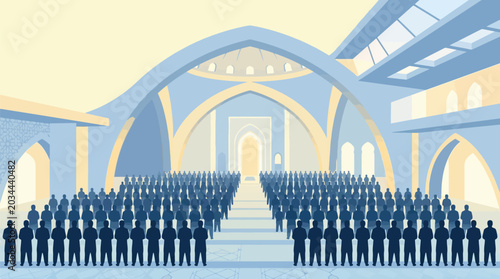 Foto Muslim congregation performing congregational prayer in straight rows inside a m