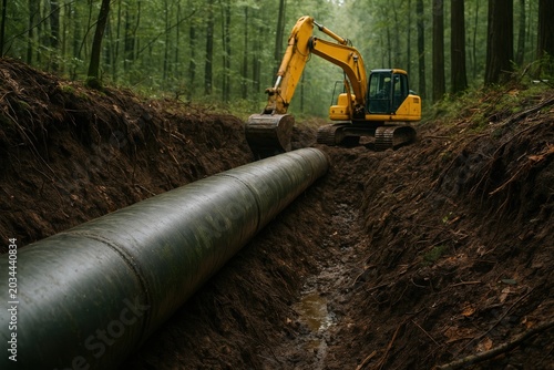 pipeline installation process during natural gas infrastructure construction. A long steel pipeline lies in a freshly excavated trench as heavy machinery positions and aligns the segments, illustratin