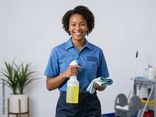 Smiling African American female cleaner holding spray bottle and cloth. Professional woman in blue uniform ready for housekeeping. Janitorial service concept