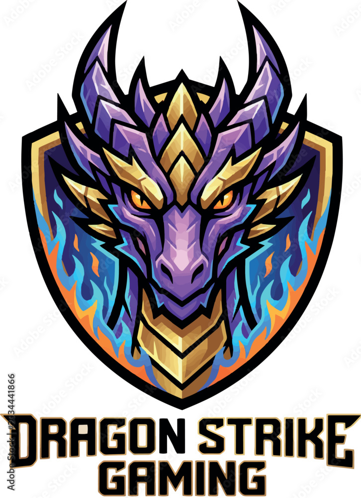 Obraz premium Dragon Strike: Purple and gold dragon mascot logo with sharp wings shield