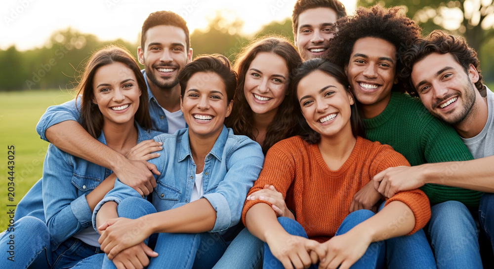 Fototapeta premium A diverse group of young adults smiling joyfully outdoors, representing friendship, unity, and happy moments, perfect for lifestyle and celebration themes