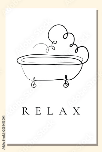 A sleek one line art drawing of a bathtub with steam rises. The word RELAX is written below the design.