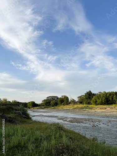 Sunlit river bank under expansive sky with shallow stream curving through green meadow, scattered trees on distant horizon, wispy