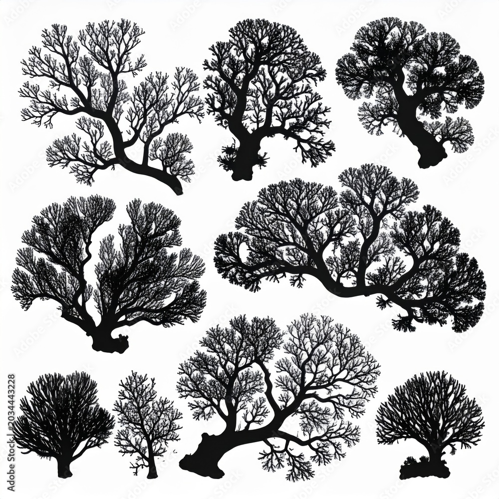 Obraz premium Collection of Diverse Silhouette Trees Against White Background Vector Illustration