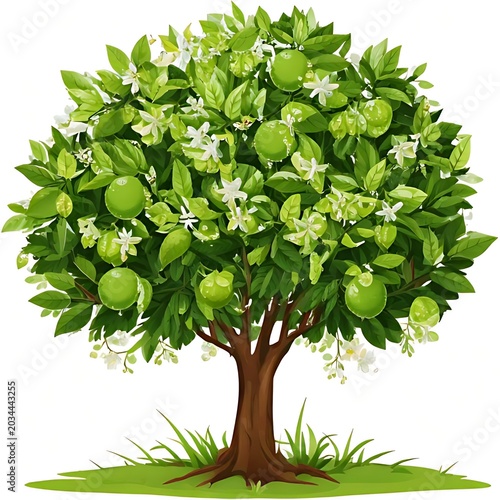 Lush green tree with fruit and white blossoms