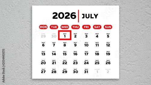 Red cursor highlighting July 1st on a 2026 wall calendar page