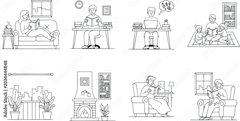 Obraz premium People reading books and studying at home interior line art doodle icons coloring book page vector.