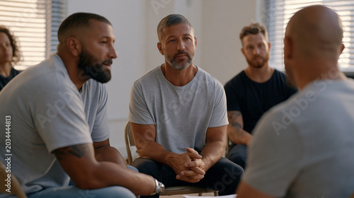 Veteran reintegration counselor facilitating a small circle discussion in a sparse community center room, four former service members seated on folding chairs, one man with a prosthetic arm leaning 