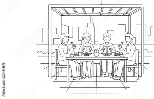 фотографія People sitting at patio table eating food and reading books under pergola with city skyline vector