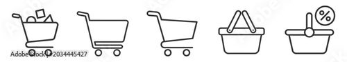 Valokuva shopping carts and baskets line icons set with different shapes and discount sym