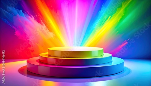 Vibrant Rainbow Explosion Illuminates a Multi Tiered Podium Stage