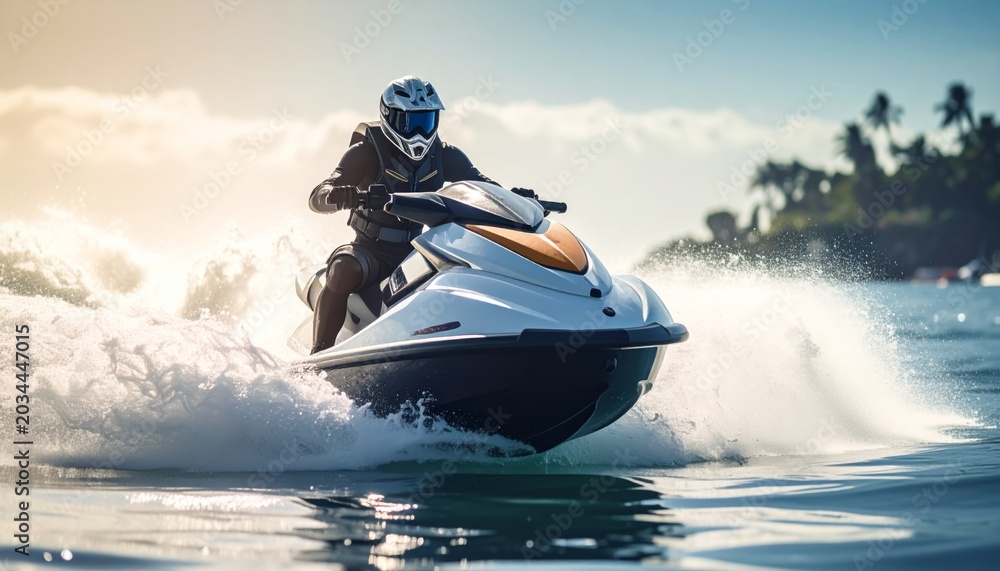 Fototapeta premium Man Riding Jet Ski On Water With Splashing Waves And Tropical Island Background