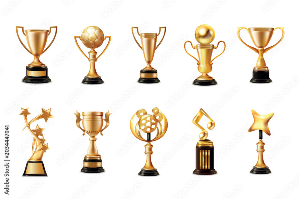 Naklejka premium Realistic golden cup. 3d gold cups, winner award prize trophy soccer champion sport team win music movie competition luxury star victory awards isolated exact vector illustration