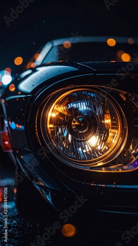 Close Up of Vintage Car Headlight Glowing Warmly at Night with Bokeh Lights