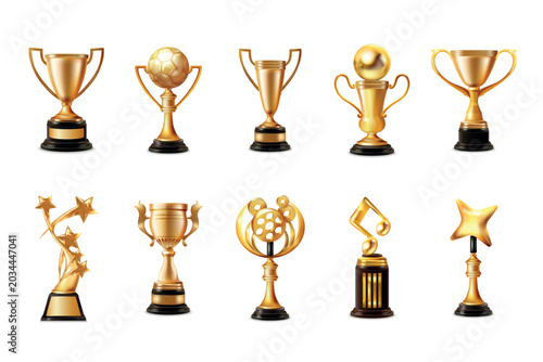Realistic golden cup. 3d gold cups, winner award prize trophy soccer champion sport team win music movie competition luxury star victory awards isolated exact vector illustration