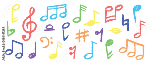 Crayon music note. Hand drawn melody song, child sing symbol doodle pencil scribble sketch texture line kids children chalk pastel abstract element qualitative vector illustration