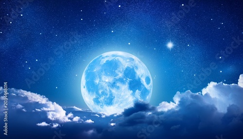 Beautiful Magic Blue Night Sky With Clouds And Fullmoon And Stars