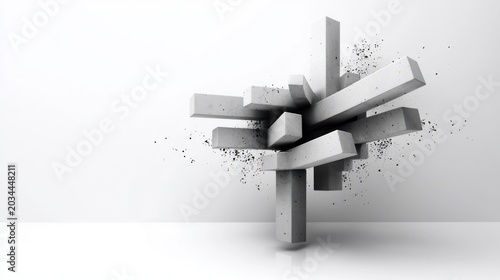 Abstract 3D geometric sculpture with scattered particles.