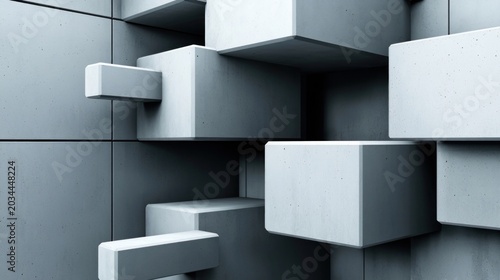 Abstract 3D geometric shapes in grayscale tones.