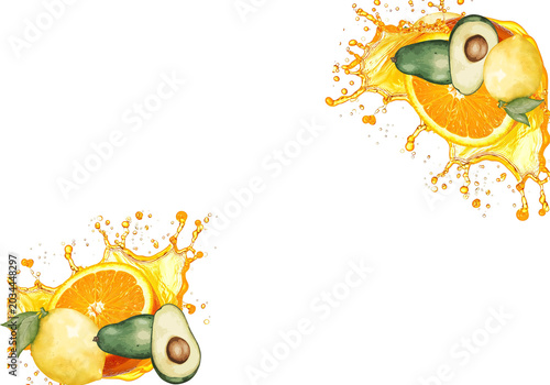 Foto ondo abstracto de salpicaduras de zumo de naranja con frutas frescas, rodajas de cítricos, limón y aguacates en las esquinas, diseño conceptual de nutrición y frescura veraniega