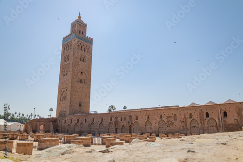 Famous Koutoubia Mosque minaret tower rising into a blue sky in Marrakech, Morocco