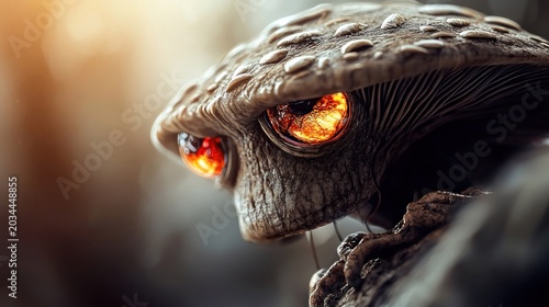 Close up of a scary alien creature with glowing eyes.