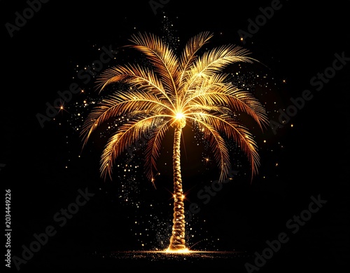 Golden Palm Tree Sparkling With Light Particles Against Dark Background