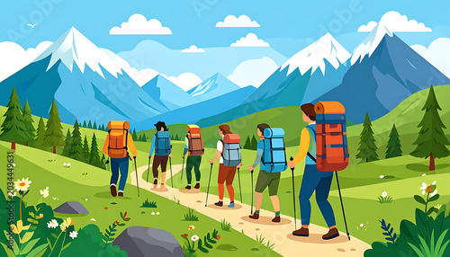 Group of hikers with backpacks and trekking poles walking on a mountain trail, scenic landscape with snow-capped peaks and green valleys, pixel art style