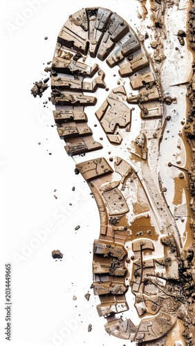 Close up of Muddy Boot Print on White Background with Soil Debris