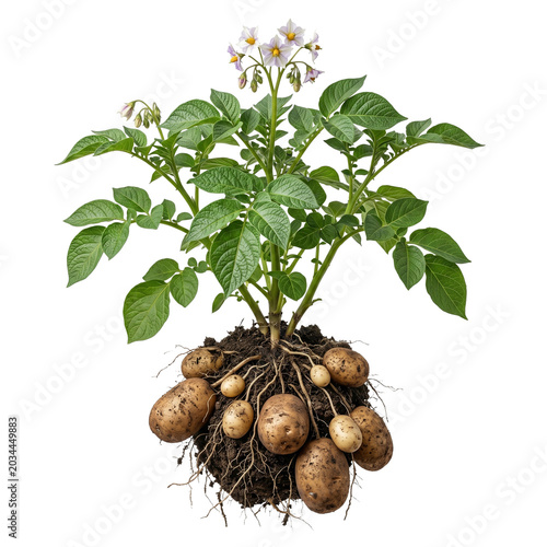 Potato plant with tubers growing from the soil and flowers, root vegetable