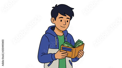 Happy adolescent boy in a blue hoodie opening his brown wallet and looking at paper dollar cash inside on white background