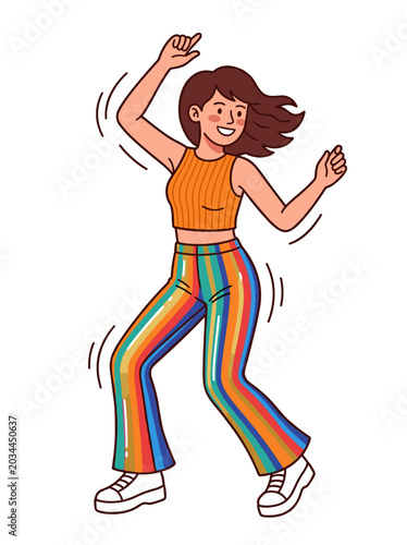 Cheerful caucasian adolescent girl smiling and dancing happily while wearing retro rainbow striped flare disco pants and an orange top. Concept of vibrant youth and retro fashion revival
