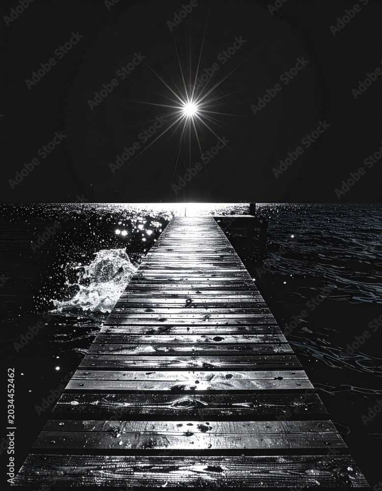 Obraz premium Pier leading to a bright starburst on the water at night monochrome