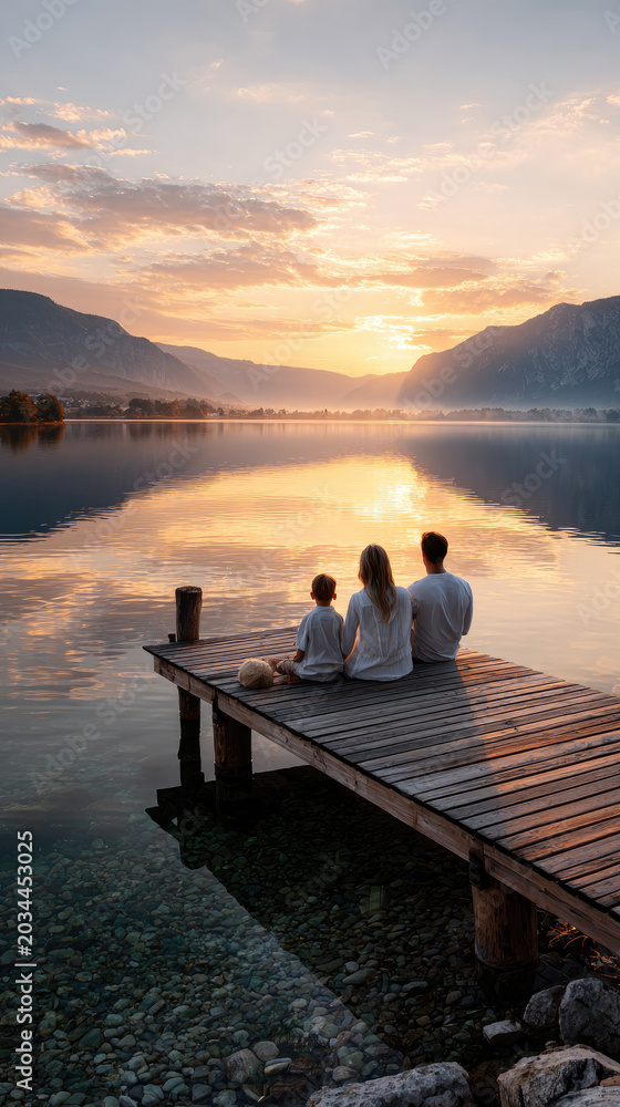 Obraz premium Family enjoying tranquil lakeside sunrise on wooden pier, parents and child watching shimmering light reflected over calm water and surrounding mountains