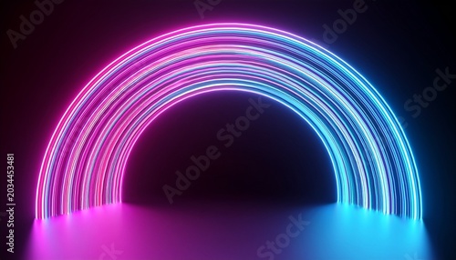3d render abstract black background with pink blue neon wavy line glowing in ultraviolet spectrum round arch