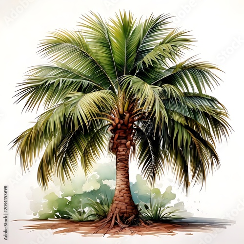 Lush palm tree with full green fronds and textured trunk